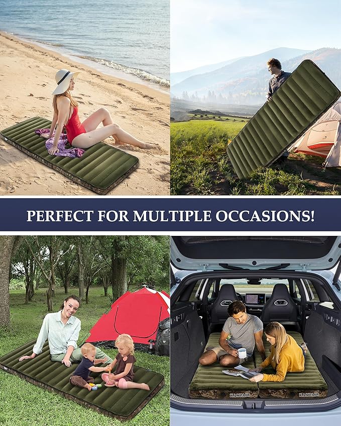Inflatable Sleeping Pad for Camping, Extra-Thick 4.75" Single Air Mattress with Soft Velvet Top, Machine Washable, Family Lightweight 4-Season Pad for Traveling & Hiking, Green