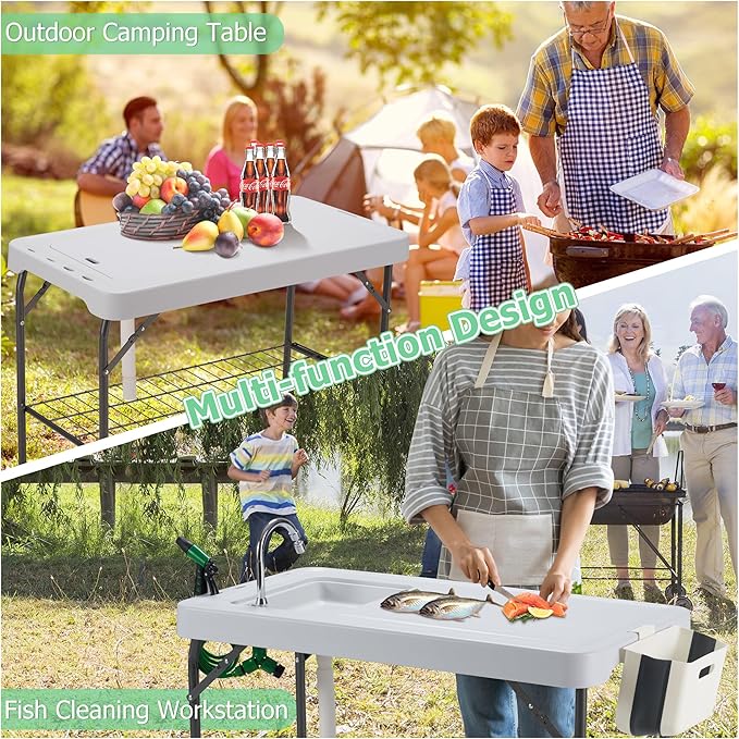 AHB 42" Outdoor Sink Fish Cleaning Table Portable Camping Table with Faucet Hose Hook Up Grid Rack, Fish Fillet Camping Sink Table with 6pc Fish Cleaning Kit for Picnic Beach Patio