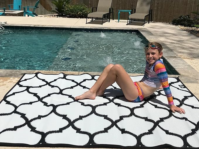 5x7 Black Lattice RV Mat – Extra Thick 5mm Recycled Poly Rug – Heavy-Duty, Waterproof, Reversible – Stylish Luxury Outdoor Rug for Camping, Beach (Black Lattice NO Carry Bag, 5'x7')