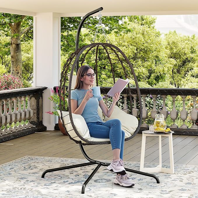 Egg Chair with Stand, Patio Wicker Bifanuo Hanging Chair, Hammock Swing Chair, 350LBS Capacity for Bedroom, Balcony, Garden(BR-BE)