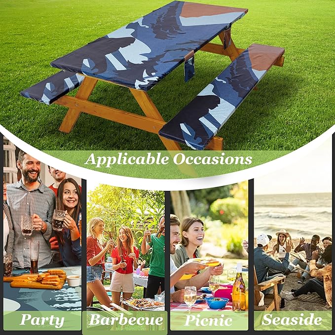 Fitted Picnic Table Cover with Bench Covers Waterproof Elastic Edges Rectangle Patio Tablecloth Outdoor Camping Essentials Stuff Rv Accessories Summer Trip Travel Supplies Party Camper Gifts, 8 ft