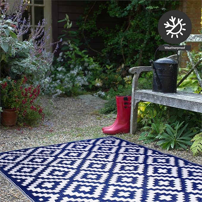 FH Home Outdoor Rug - Waterproof, Fade Resistant, Reversible - Premium Recycled Plastic - Geometric - Porch, Deck, Balcony, Mudroom, Laundry Room, Patio - Aztec - Blue & White Crease Free - 3 x 5 ft