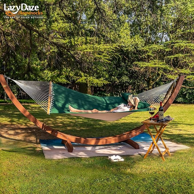 Lazy Daze Hammocks 12 FT Double Quilted Hammock with Spreader Bars and Pillow, 2 Person Hammock for Outdoor Patio Backyard Poolside, 450 LBS Weight Capacity, Dark Green/Natural