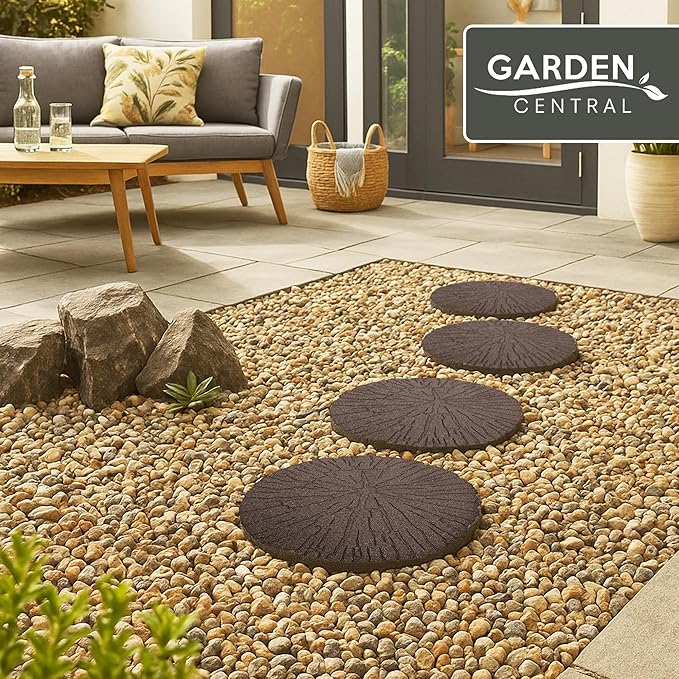 Garden Central 4-Pack 18”x18” Fake Cracked Log Rubber Stepping Stones, Round, Brown – Reversible Non-Slip Outdoor Faux Decorative Set for Landscaping – DIY Decor for Walkways & Yard Pathways