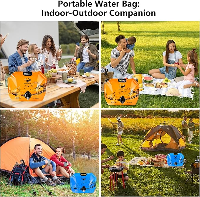 Collapsible 8L Water Storage Bag, BPA-Free Portable Folding Water Jug with Adjustable Faucet, Leakproof Emergency Water Bag for Camping, Hiking, Riding, Outdoor Sport (Blue & Orange 2)