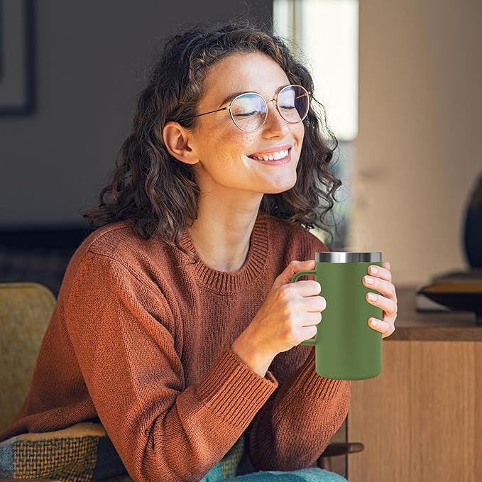 DOMICARE 24oz Mug with Handle and Lid, Stainless Steel Coffee Mug, Travel Mug with Handle, Double Wall Vacuum Coffee Tumbler, Reusable Insulated Cup, Army Green, Pack 8