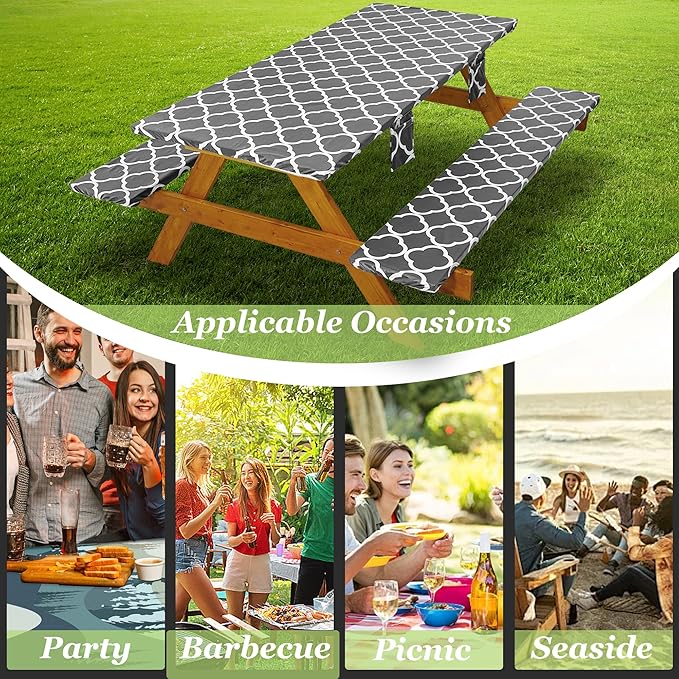 Fitted Picnic Table Cover with Bench Covers Waterproof Elastic Edges Rectangle Patio Tablecloth Outdoor Camping Essentials Stuff Rv Accessories Summer Trip Travel Supplies Party Camper Gifts, 6 ft