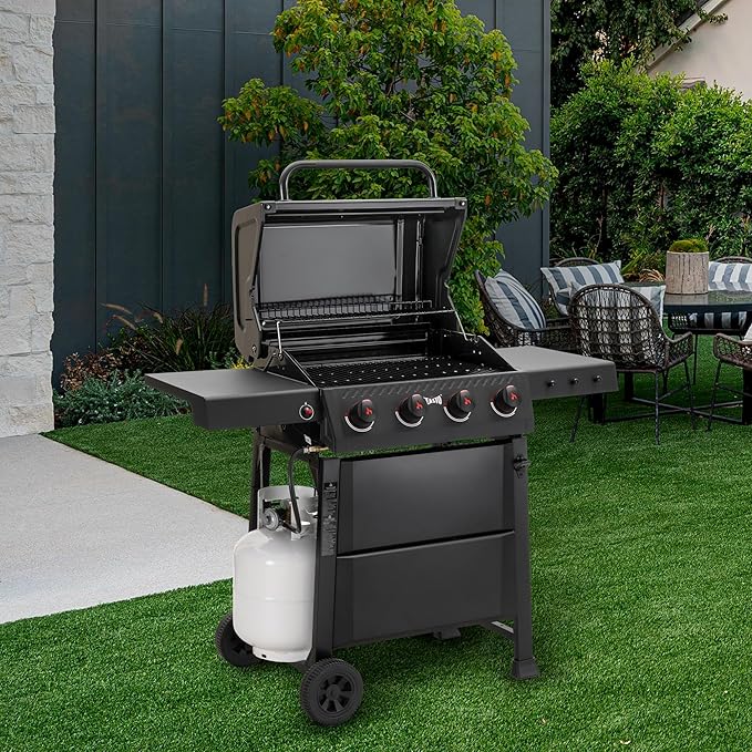 4-Burner Propane Gas Grill with 2 Side Tables, Outdoor BBQ Grill with Porcelain-Enameled Grates for Backyard, 36,000 BTU Powerful grills for Outdoor Cooking, Black