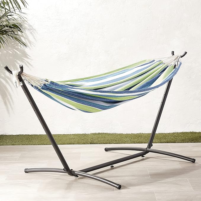 Amazon Basics Double Hammock with 9-Foot Space Saving Steel Stand and Carrying Case, 450 lb Capacity, Oasis Stripe, 110 x 47 x 43 inches