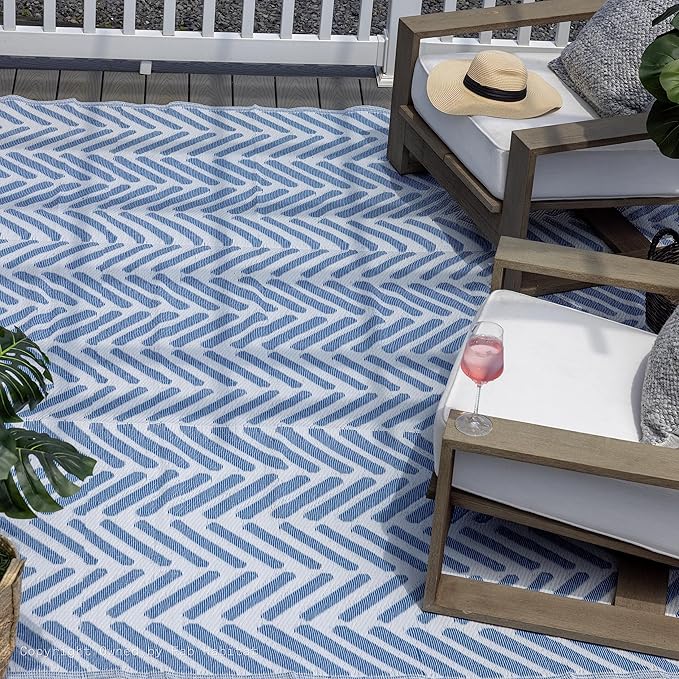 FH Home Outdoor Camping Rug - Waterproof, Fade Resistant, Reversible - Premium Recycled Plastic - Herringbone - Large Patio, Deck, Sunroom, RV - Fresno - Light Blue - 5 x 8 ft Foldable