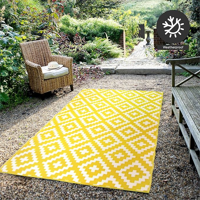 FH Home Outdoor Camping Rug - Waterproof, Fade Resistant, Reversible - Premium Recycled Plastic - Geometric - Picnic, Patio, Deck, Sunroom, RV - Aztec - Yellow & White - 4 x 6 ft Foldable