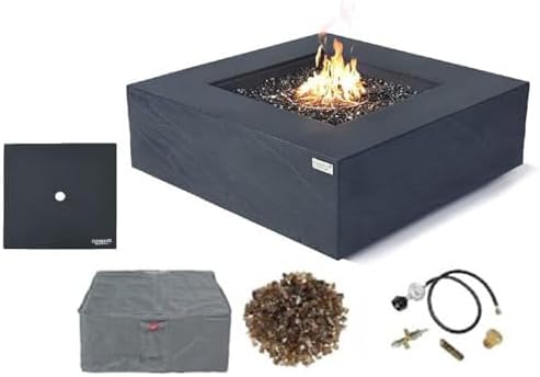 Elementi+ | Roraima Gas Fire Pit Cast Concrete 40" Square Fire Table, Outdoor Fire Pit Electronic Ignition | Canvas Cover, Fire Glass and Burner Lid Included | Dark Gray | Natural Gas