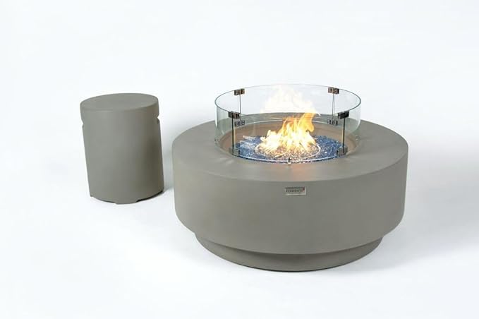 Elementi+ | Bundle Colosseo Gas Fire Pit Cast Concrete 40" Dia. Round Fire Table, Outdoor Fire Pit Electronic Ignition | Canvas Cover, Fire Glass and Burner Lid Included | Light Gray | Propane Gas