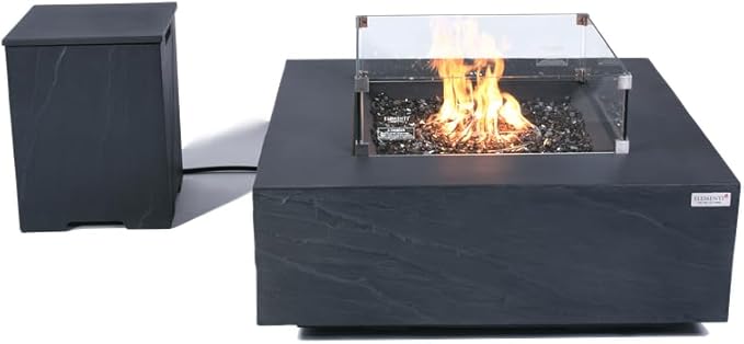 Elementi+ | Bundle Roraima Gas Fire Pit Cast Concrete 40" Square Fire Table, Outdoor Fire Pit Electronic Ignition | Canvas Cover, Fire Glass and Burner Lid Included | Dark Gray | Propane Gas