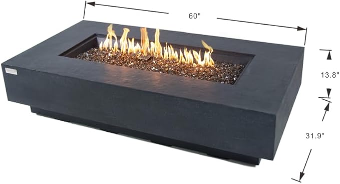 Elementi+ | Bundle Positano Gas Fire Pit Cast Concrete 60" Rectangular Fire Table, Outdoor Fire Pit Electronic Ignition | Canvas Cover, Fire Glass and Burner Lid Included | Dark Gray | Natural Gas