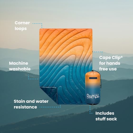 Rumpl Original Puffy Blanket - Warm, Water-Resistant Camping Blanket with 100% Recycled Synthetic Insulation, 52"x75", Original Puffy V1, Sunset Fade