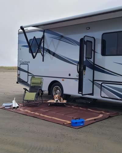 8x20 Brown RV Patio Mat with Carry Bag – Extra Thick 5mm Recycled Poly Rug – Heavy-Duty, Waterproof, Reversible – Premium Outdoor Mat for Camping, Deck (8' x 20', Brown Solid)