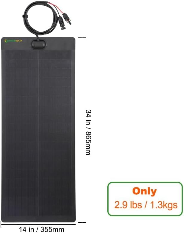 50W Full Black Flexible Solar Panel, 34x14in, Waterproof Lightweight with Highest Efficiency PERC Mono Solar Cells for RV,Van,Tent