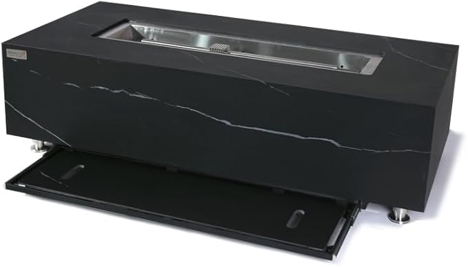 Elementi+ | Bundle Varna Gas Fire Pit | Marble Porcelain & Metal Frame | 60" Rectangular Fire Table | Electronic Ignition | Canvas Cover, Fire Glass & Burner Lid Included | Black | Propane Gas