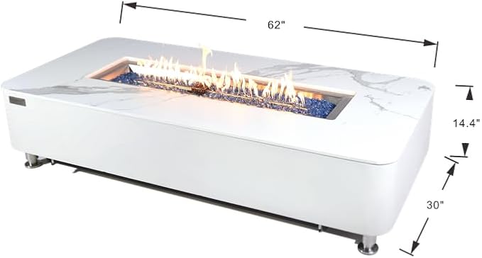 Elementi+ | Bundle Athens Gas Fire Pit | Concrete Body & Marble Porcelain Top | 62" Rectangular Fire Table | Electronic Ignition | Canvas Cover, Fire Glass, Burner Lid & More | White | Natural Gas