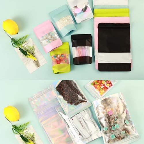 200 Pcs Mylar Bags for Food Storage 5x8 Mylar Bag with Window, Foil Stand Up Resealable Bags for Food, Smell Proof Bag Freeze Dried Candy Packaging Sealable Pouch Jewelry Bracelet Pouch Green