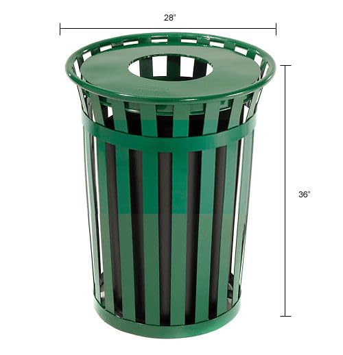 Global Industrial 36 Gallon Outdoor Slatted Steel Round Trash Can with Flat Lid, Plastic Liner & Anchor Kit Included, 28" W x 36" H, Commercial & Industrial Trash Can, Green