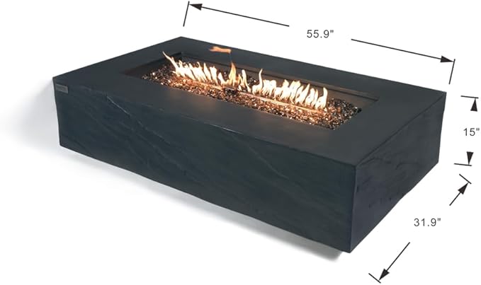 Elementi+ | Bundle Cape Town Gas Fire Pit Cast Concrete 56" Rectangular Fire Table, Outdoor Fire Pit Electronic Ignition | Canvas Cover, Fire Glass and Burner Lid Included | Dark Gray | Propane Gas