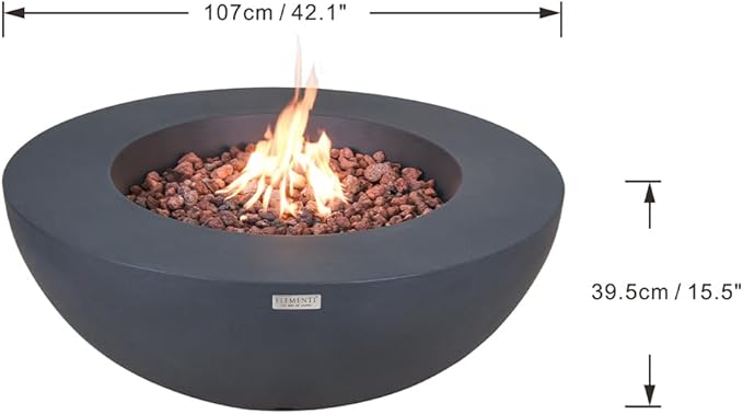 Elementi Lunar Bowl Dark Grey Fire Pit Bundle Outdoor Firepit Set Includes 42” Natural Gas Concrete Firepit, Glass Windscreen, Stainless Steel Cover, Canvas Cover, Floor Mat, Hammock, Beverage Tub