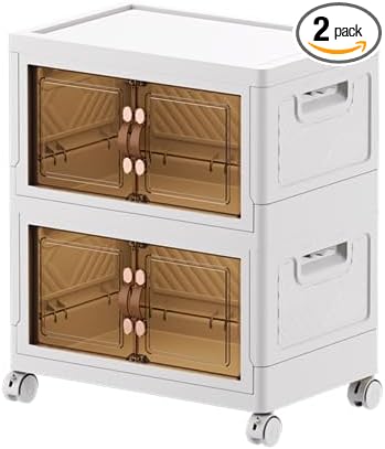 52 QT / 13 Gal Stackable Storage Bins with 1 Lid, Collapsible Plastic Organizer Cabinet with Wheels & Magnetic Doors for Closet, Home, Office – White Containers