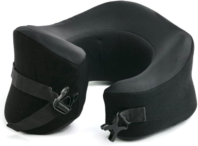 C CUSHION LAB Extra Support Travel Pillow, Award-Winning Patented Ergonomic Design for Chin & Neck Support Memory Foam Neck Pillow, Compact Airplane Pillow for Traveling, Flight, Car (Black, Large)