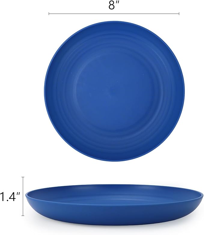 Homienly Wheat Straw Dinner Plates Set of 8-8 inch for Salad, Dessert, Appetizer, Pancakes - Unbreakable, Kitchen Essentials (Blue Series)