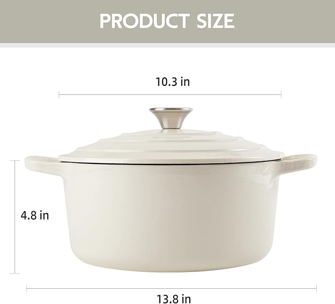 6 Quart Dutch Oven Enameled Cast Iron with Lid - Big Dual Handles - Oven Safe up to 500°F - Classic Round Pot for Versatile Cooking (Cream, 6 QT)