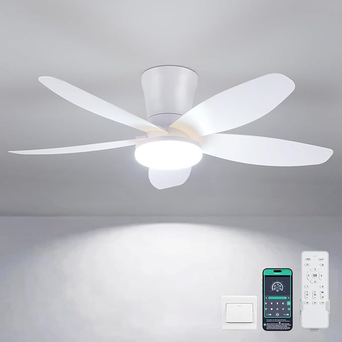 Ceiling Fans with Lights-36 Low Profile Ceiling Fan with Light and Remote/APP Control,Flush Mount,DC Reversible,LED Dimmable Modern Ceiling Fans for Bedroom,Indoor/Outdoor Patio Use(White)