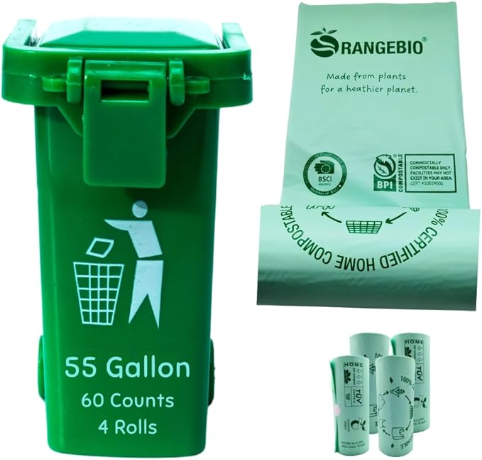 100% Certified Home Compostable Trash Bags, 55 Gallon, 60 Count, 1.57 Mils Extra Thick 38 x 58 Inches, 208 Liter, Compostable Liners, ASTM D6400 EN 13432 US BPI & OK Compost Home Certified