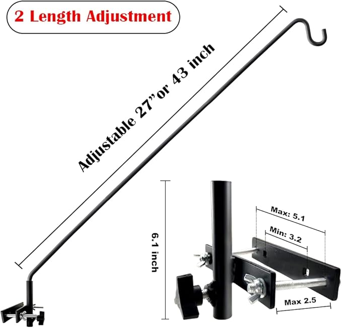 2 Packs Extended Fence Deck Heavy Duty Bird Feeder Hook, 360 Degree Rotary and Length Adjustable Plant Bracket for Bird Feeders Planters Suet Baskets Lanterns Wind Chimes and More