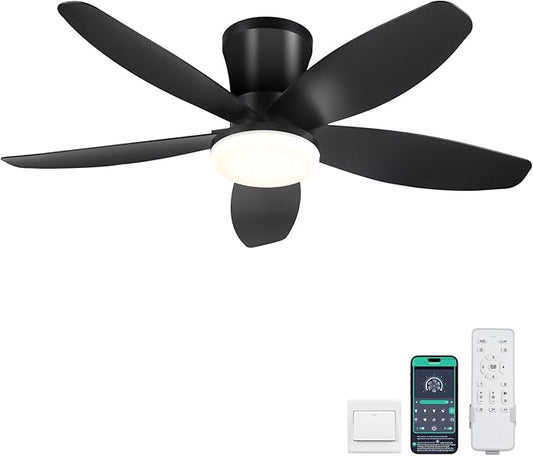 Ceiling Fans with Lights-36 Low Profile Ceiling Fan with Light and Remote/APP Control,Flush Mount,DC Reversible,LED Dimmable Black Ceiling Fans for Bedroom,Indoor/Outdoor Patio Use