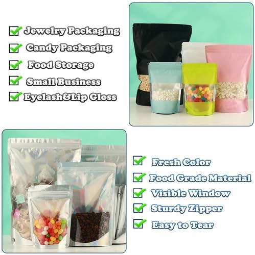 200 Pcs Mylar Bags for Food Storage 6x9 Mylar Bag with Window, Stand Up Holographic Resealable Bags for Food, Smell Proof Bag Freeze Dried Candy Sealable Pouch Jewelry Bracelet Packaging