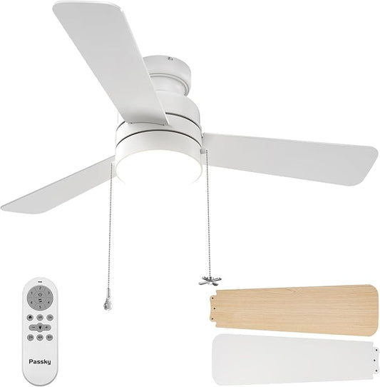 Ceiling Fans with Lights, 42 inch Low Profile Ceiling Fan with Pull Chain and Remote Control, Flush Mount, Reversible, 5CCT, Dimmable, Noiseless, White Pull Cord Ceiling Fan for Bedroom