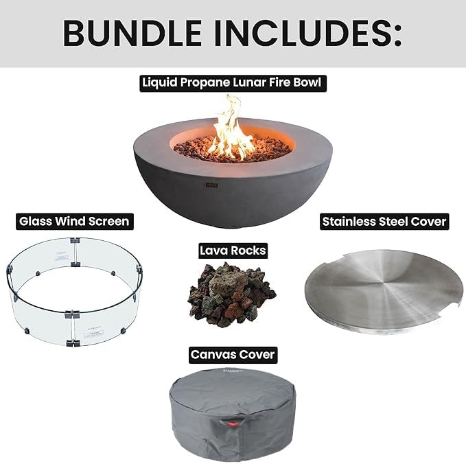 Elementi Lunar Bowl Fire Pit Bundle Outdoor Firepit Set Includes 42” Natural Gas Concrete Firepit Bowl, Glass Windscreen, Stainless Steel Cover, Canvas Cover, Lava Rocks