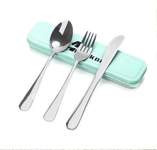 4 Piece Travel Utensils Camping utensils Travel Silverware Set with Case Fork and Spoon Set Office Stainless Steel Reusable Trip Cutlery Set Easy to journey Lightweight Lunch Box for Men