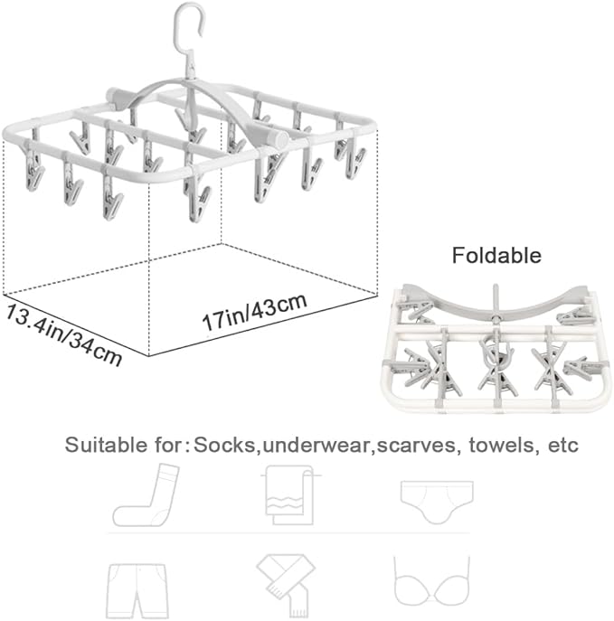 Clothes Drying Racks Foldable Clip Hangers Drip Hanger Plastic with 20 Drying Clips (Light Grey-Rectangle)