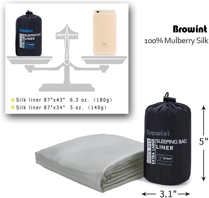 BROWINT Silk Sleeping Bag Liner, Silk Sleep Sack, Extra Wide 87"x43", Lightweight Travel Sheet for Hotels, More Colors for Option, Reinforced Gussets