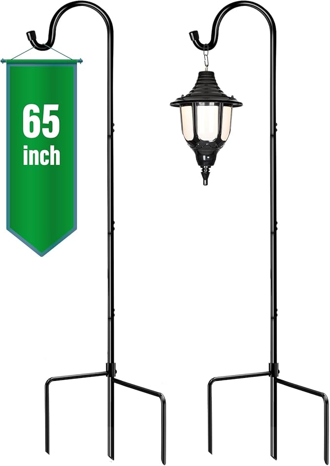 GOFORWILD Shepherd?™s Hooks 2 Pack Black, 65 inches Tall, Adjustable Garden Hook for Outdoor, Hanging Plant, Solar Lights, Lanterns, Bird Feeders, Garden Stake and Wedding Decor, 7015