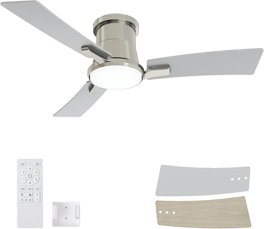 42 Inch Ceiling Fans with Lights and Remote,Brushed Nickel Low Profile Ceiling Fan with Light,Reversible,Flush Mount,6 Speeds,3CCT Dimmable,for Bedroom,Living Room,Indoor Patio
