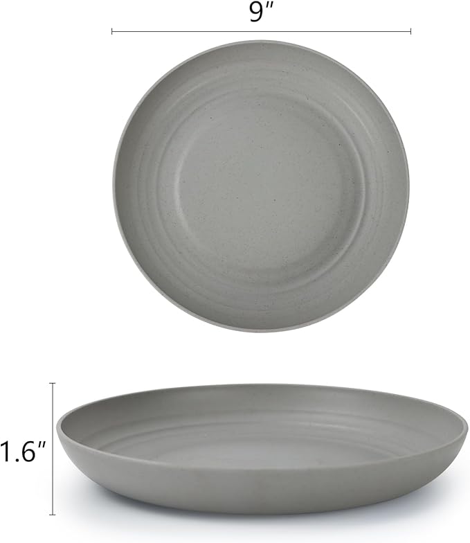 Homienly Deep Dinner Set of 8 Wheat Straw Plates - Alternative to Plastic, Microwave & Dishwasher Safe, Unbreakable & Lightweight Round Plates (Grey,9 inch)