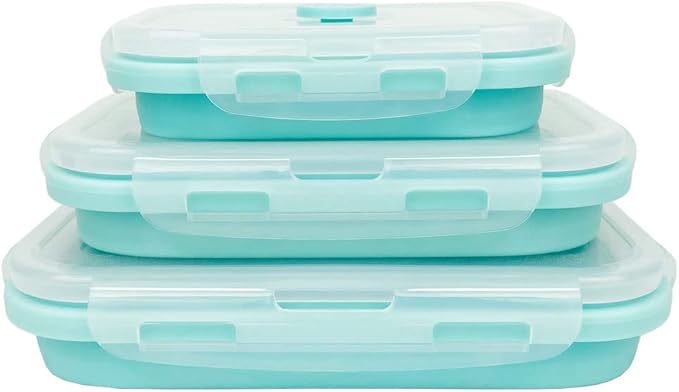 CARTINTS Silicone Collapsible Food Storage Containers-Prep/Storage Bowls with Lids - Set of 3 Square Silicone Lunch Containers - Microwave, Dishwasher and Freezer Safe (blue)