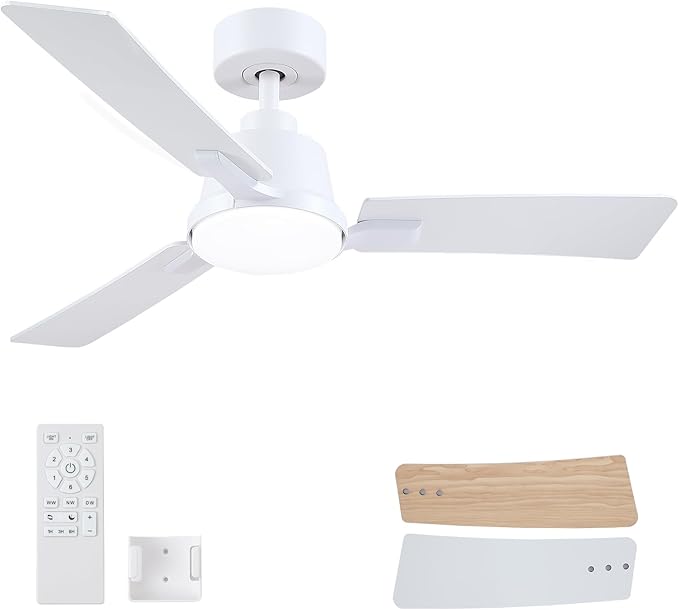 42 Inch Ceiling Fans with Lights,Low Profile Ceiling Fan,Modern Flush Mount,Reversible 6 Speeds,3CCT Dimmable Noiseless White Ceiling Fans for Living Room,Bedroom and Patio,ETL Listed