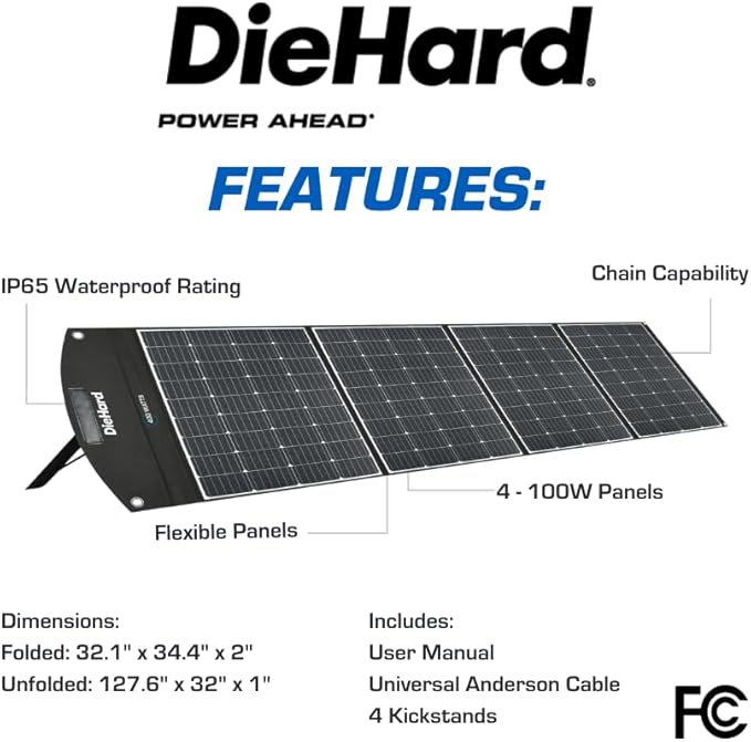 DieHard Solar Panel, 400-Watt, High-Efficiency, Adjustable, Foldable, Flexible, Lightweight, Portable - Designed for use with DieHard Portable Power Stations