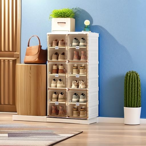 ANTBOX Shoe Organizer Storage Box, Portable Folding Shoe Rack For Closet With Magnetic Clear Door,Large Sneaker Cabinet Bins Sturdy Easy Assembly 6 Layers-12 Grids