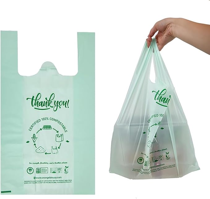 (Extra Large) OrangeBio Certified Home Compostable Shopping Bags, 500 Ct, 12" x 6" x 23", Hold 30 lbs, Thank You/Grocery/Take Out/T Shirt/To-Go Bags for Retail, Grocery Store